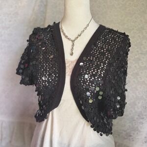 Y2K Black Sequin Bolero Shrug Open Knit Cropped Cardigan Short Sleeve L